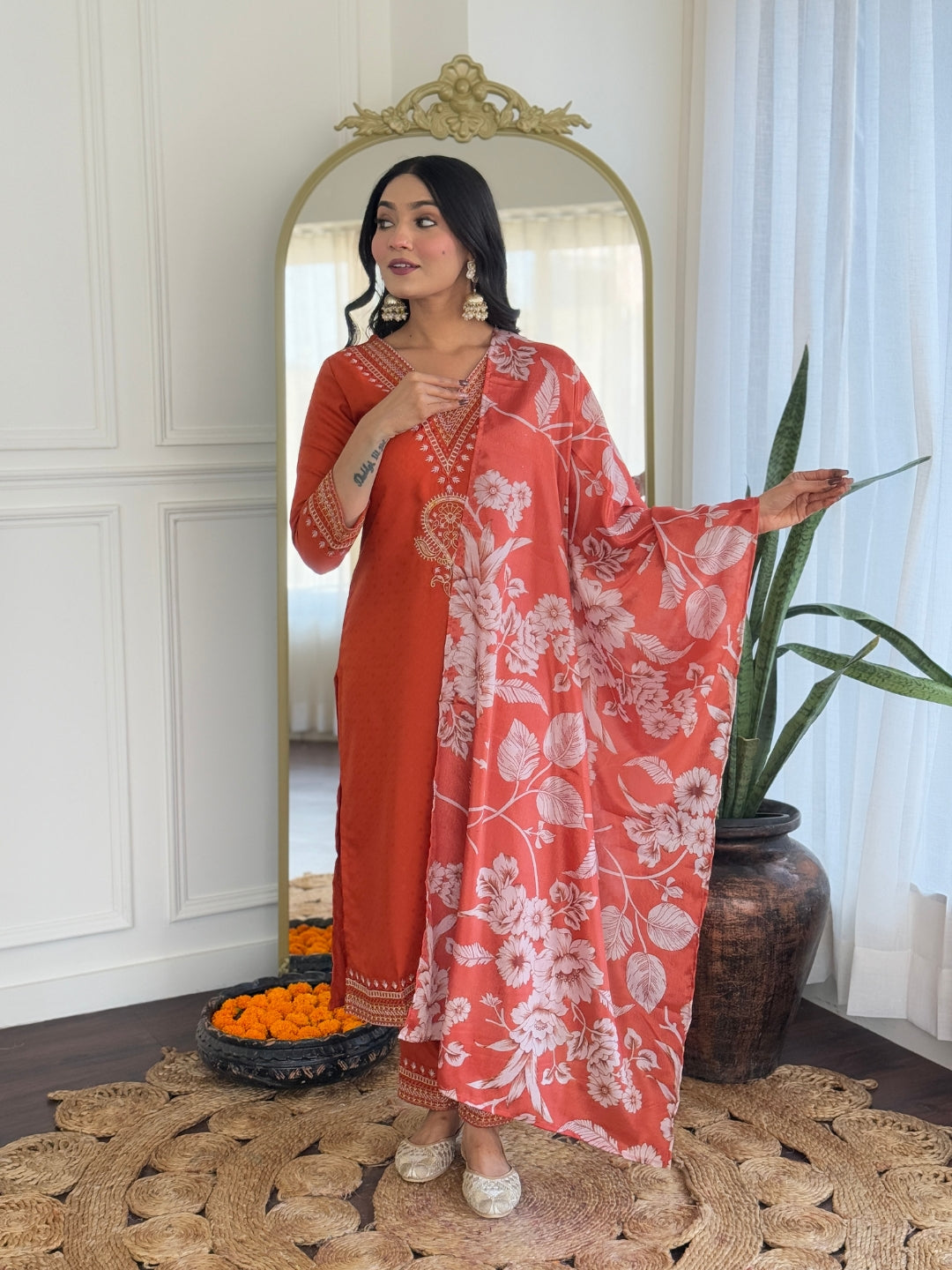 Orange & Pink Elegant Kurti Set with Dupatta