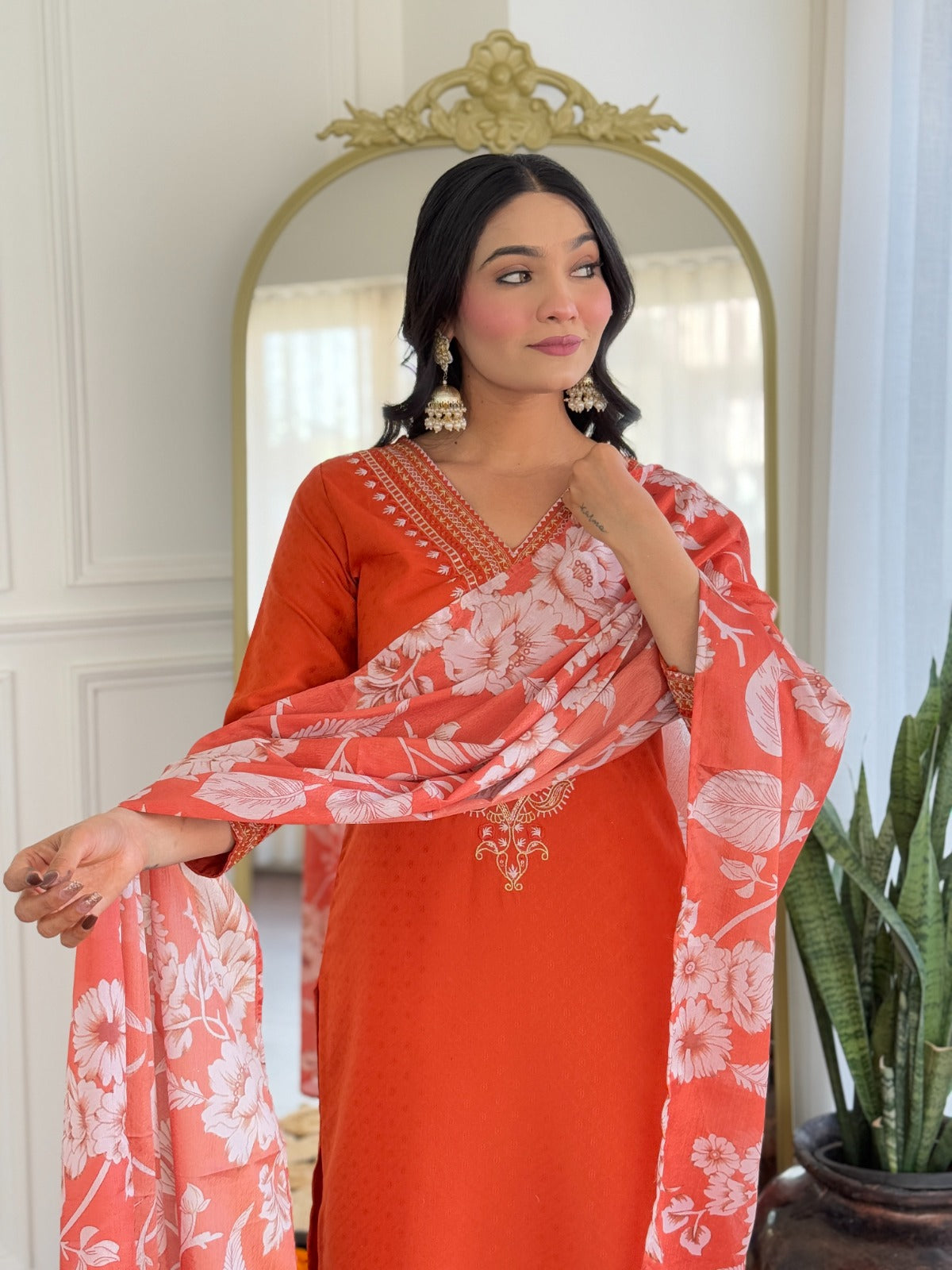 Orange & Pink Elegant Kurti Set with Dupatta