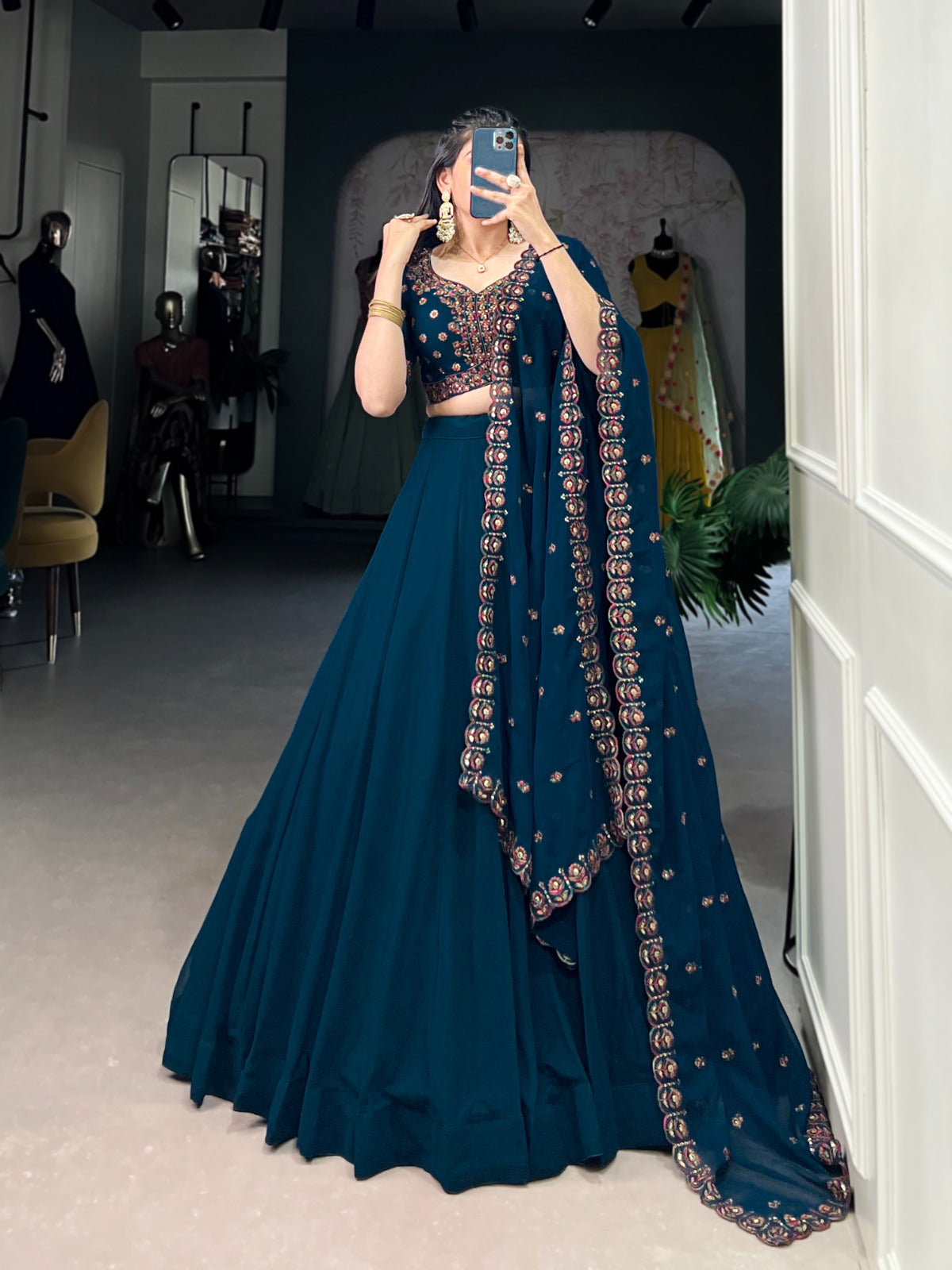 Blue Georgette Lehenga with Sequins & Thread Embroidery
