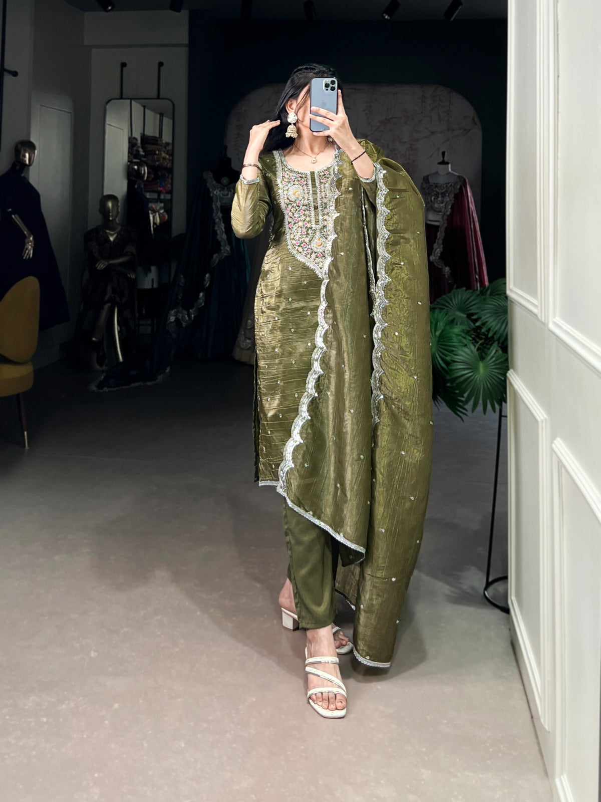 Gold Crush Olive Green Shade Salwar Suit
