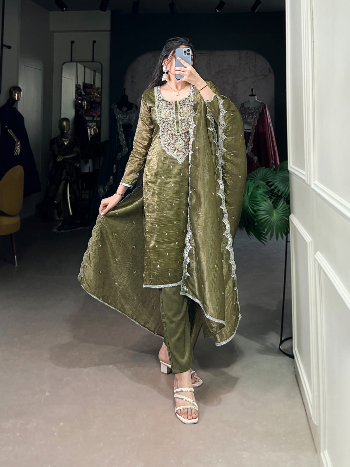 Gold Crush Olive Green Shade Salwar Suit