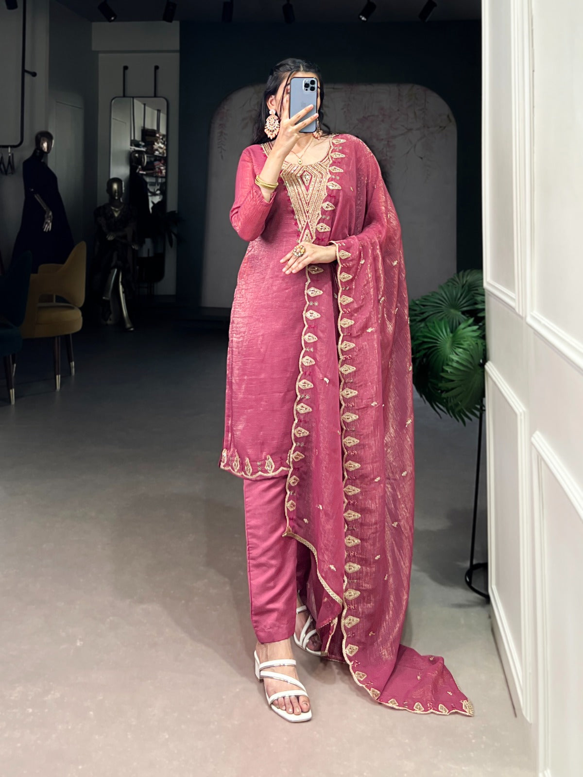 Elegant Pink & Silver Embroidered Suit Set
