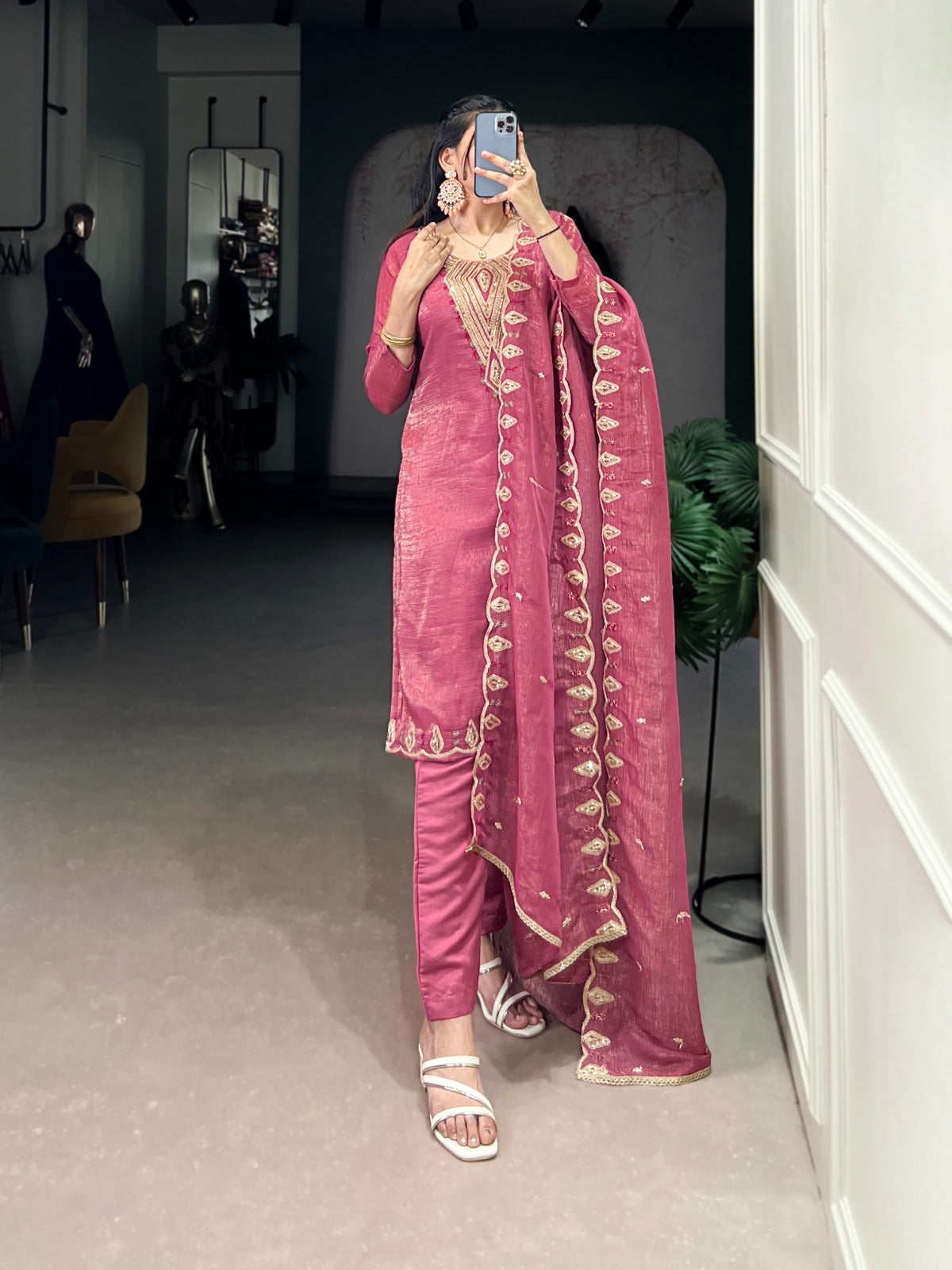 Elegant Pink & Silver Embroidered Suit Set
