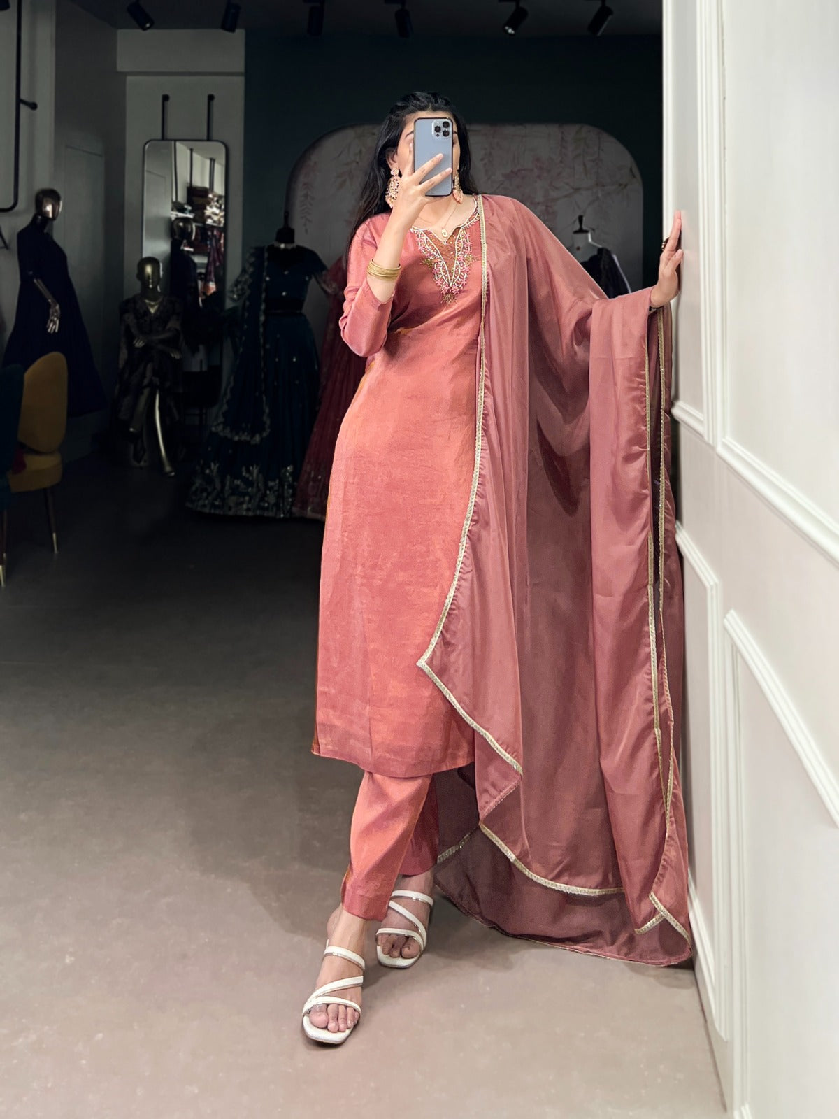 Elegant Peach Viscose Tissue Kurta Set with Organza Dupatta