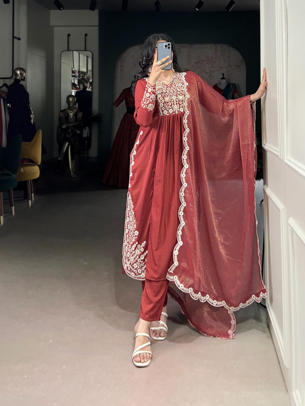 ELEGANT RUST ORANGE MASKA COTTON SUIT SET