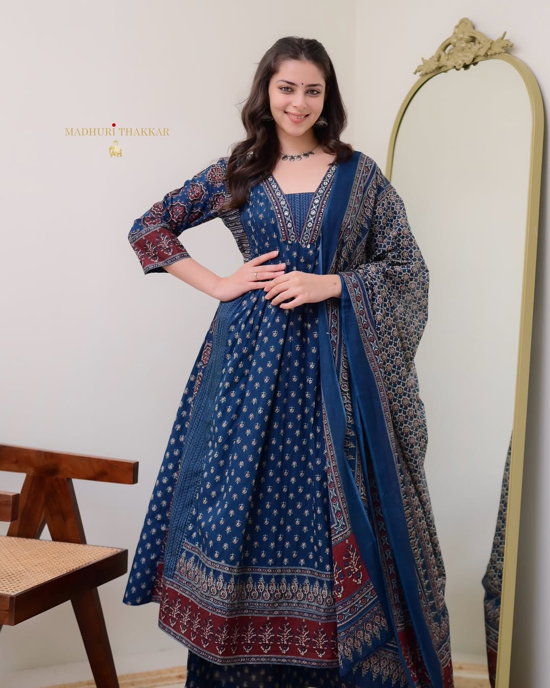 ELEGANT BLUE MAL COTTON KURTI PLAZO WITH DUPATTA SET
