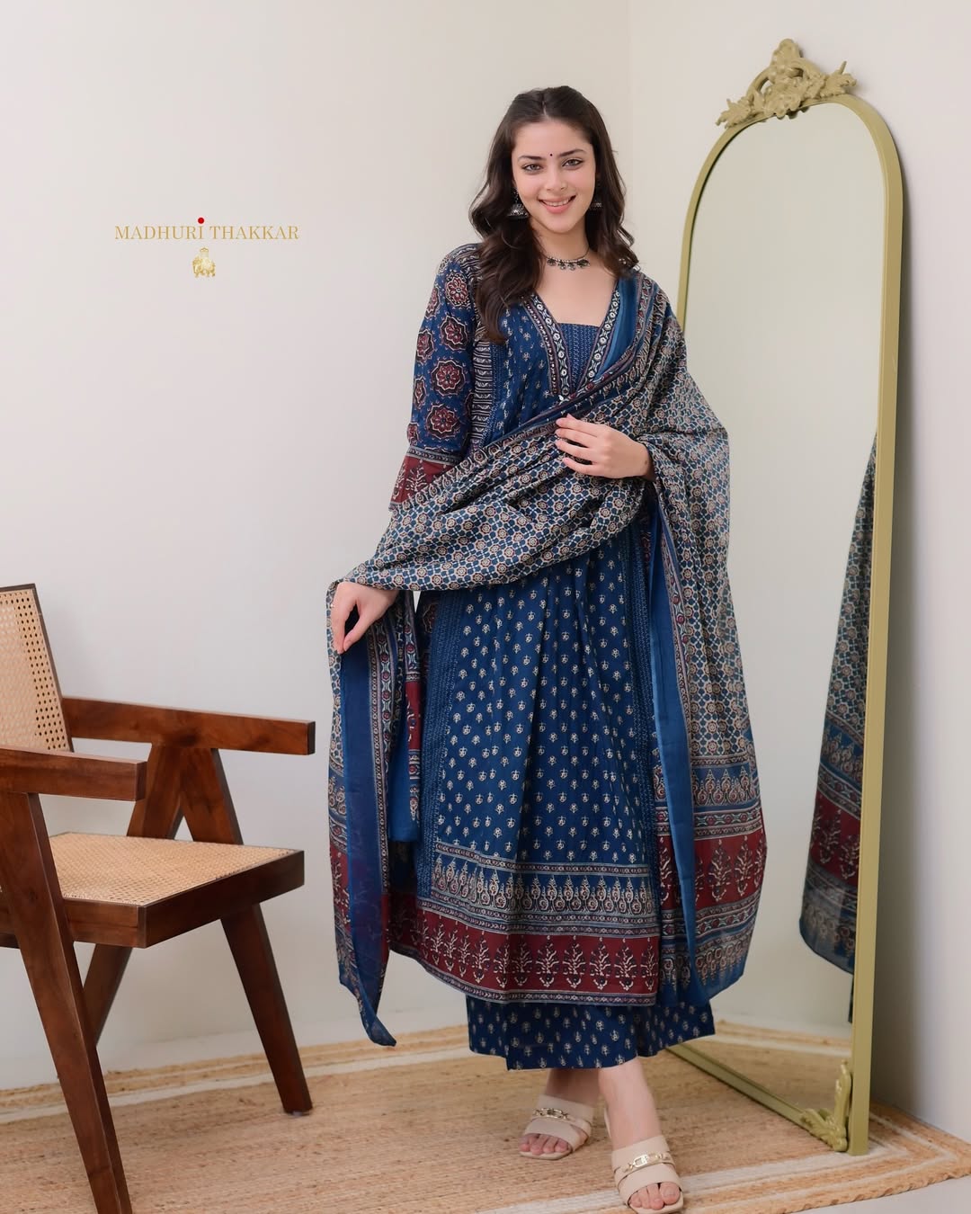 ELEGANT BLUE MAL COTTON KURTI PLAZO WITH DUPATTA SET