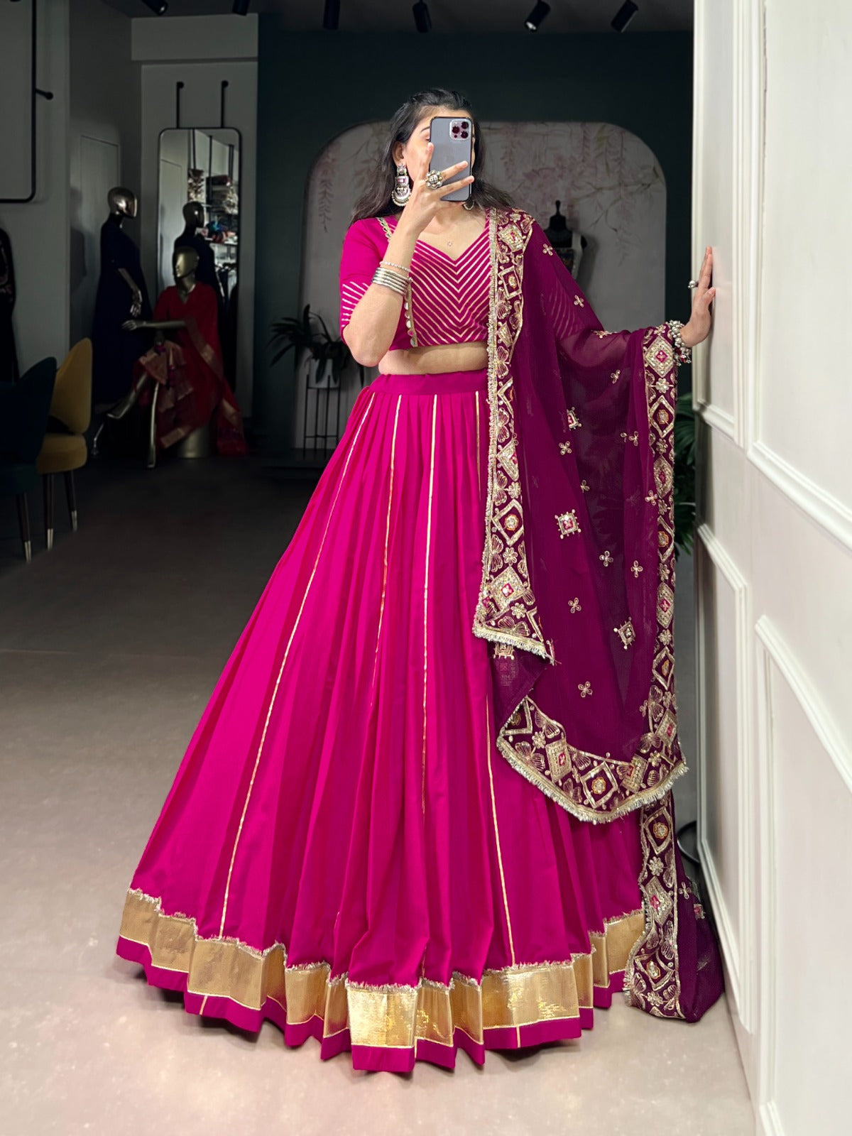 Magenta Cotton Lehenga Choli with Embroidered Dupatta