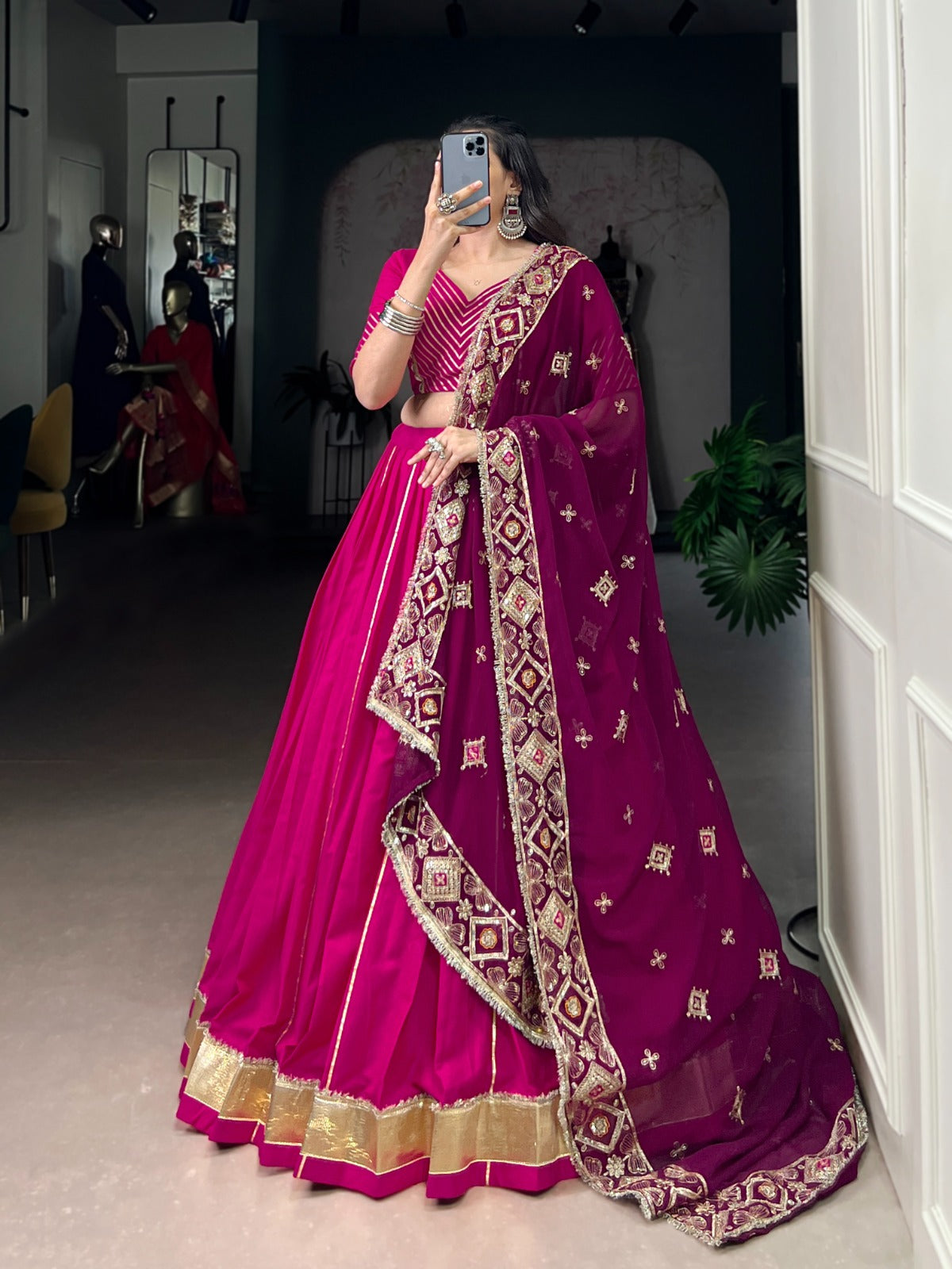 Magenta Cotton Lehenga Choli with Embroidered Dupatta