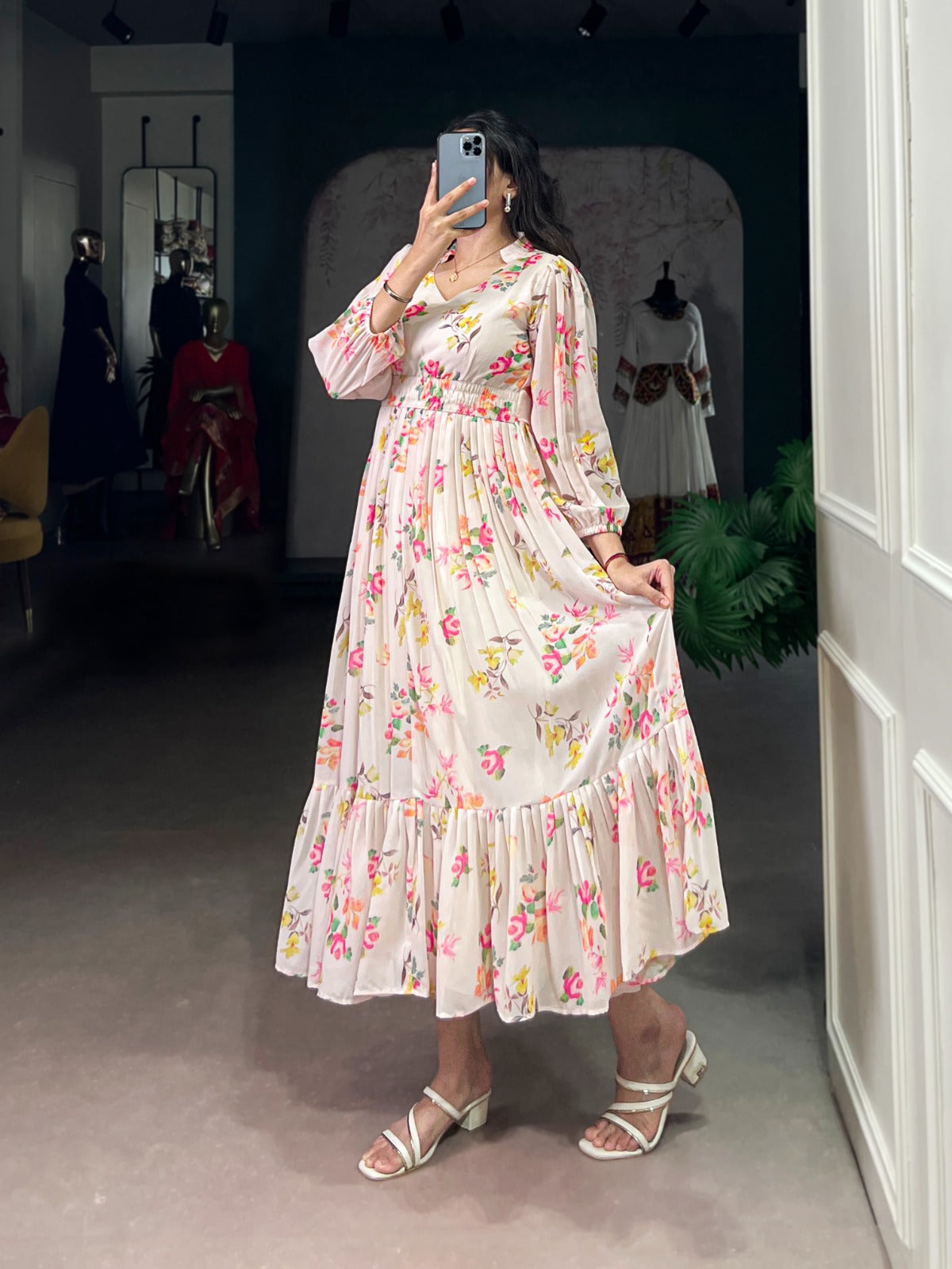 Cream Georgette Floral Print Frock