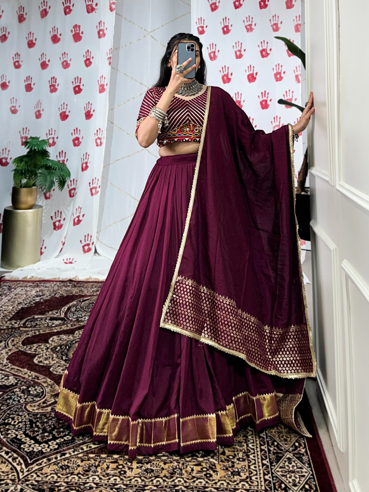 Wine Pure Chanderi Garba Choli with Gamthi Mirror