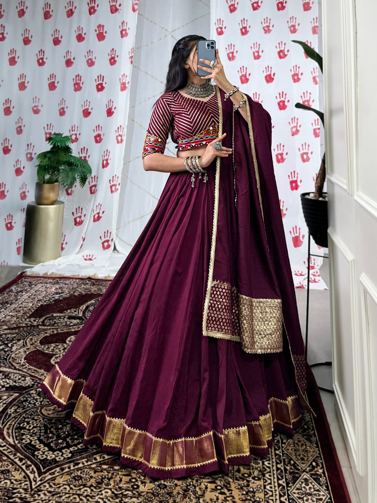 Wine Pure Chanderi Garba Choli with Gamthi Mirror