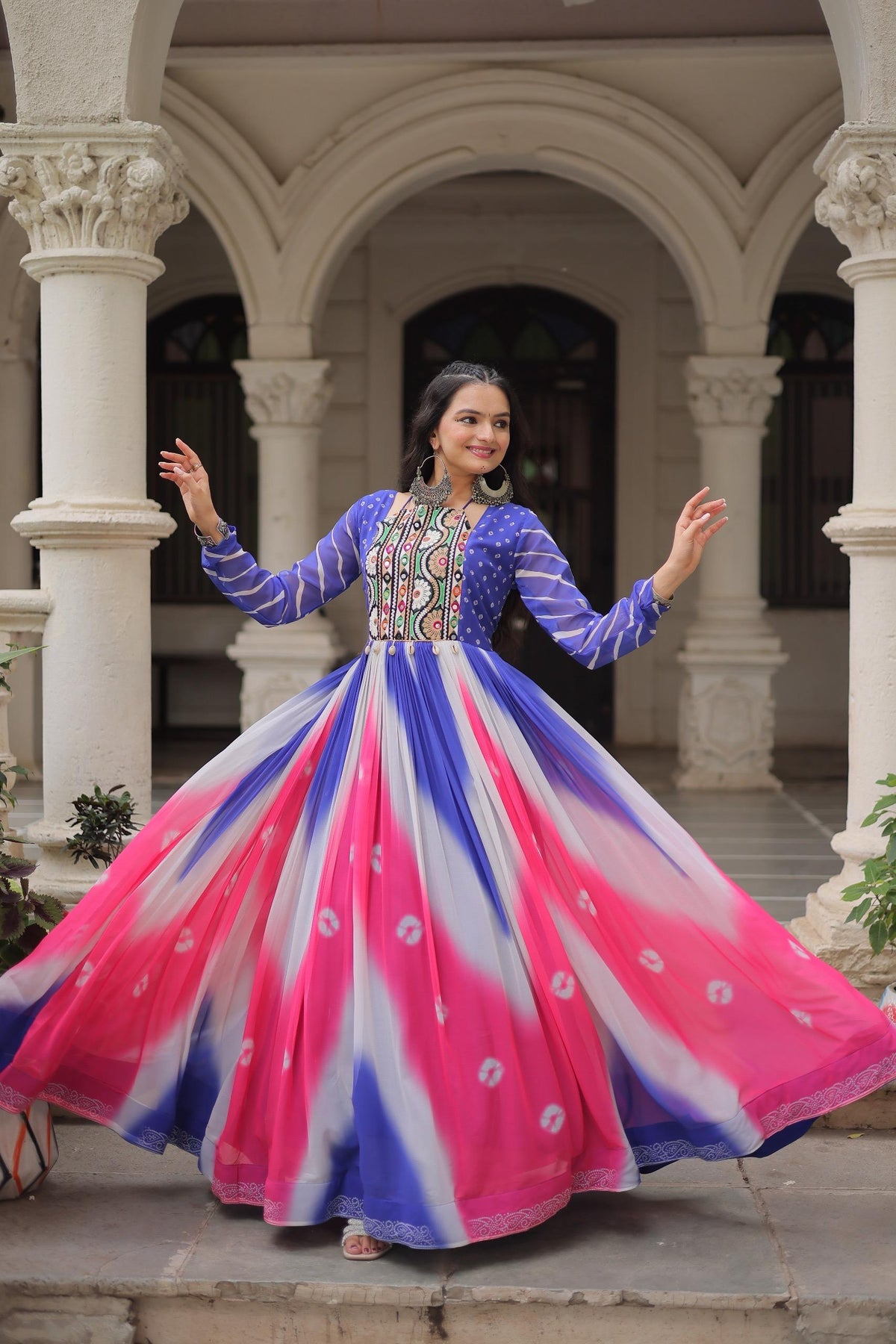 Bandhej Print Gamthi Work Gown for Garba