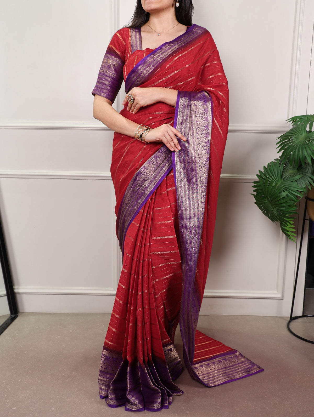 Red Soft Crepe Stripe Weaving Saree