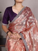 Elegant Peach and Silver Banarasi Silk Saree with Zari Work and Contrast Blouse