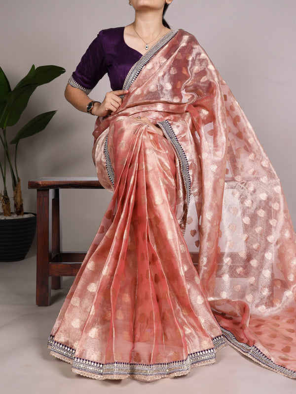 Elegant Peach and Silver Banarasi Silk Saree with Zari Work and Contrast Blouse