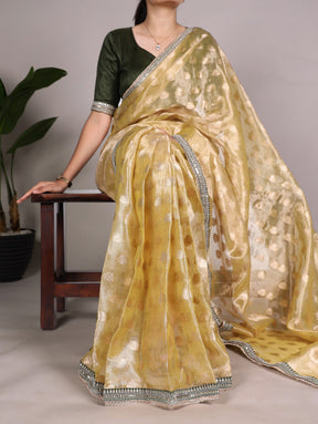 Elegant Peach and Silver Banarasi Silk Saree with Zari Work and Contrast Blouse