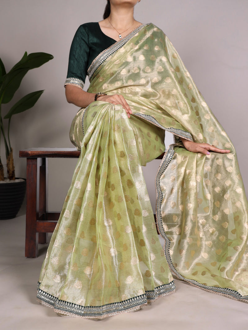 Elegant Peach and Silver Banarasi Silk Saree with Zari Work and Contrast Blouse