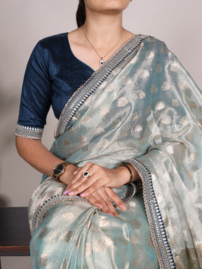 Elegant Peach and Silver Banarasi Silk Saree with Zari Work and Contrast Blouse