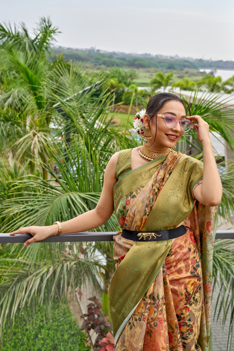 Orange and Black Floral Printed Saree with Belt - Ethnic Wear for Women