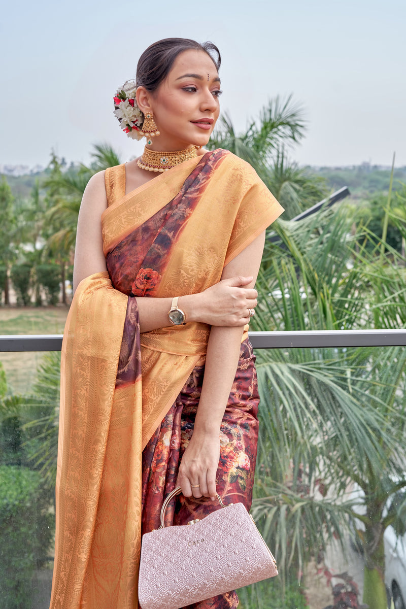 Orange and Black Floral Printed Saree with Belt - Ethnic Wear for Women