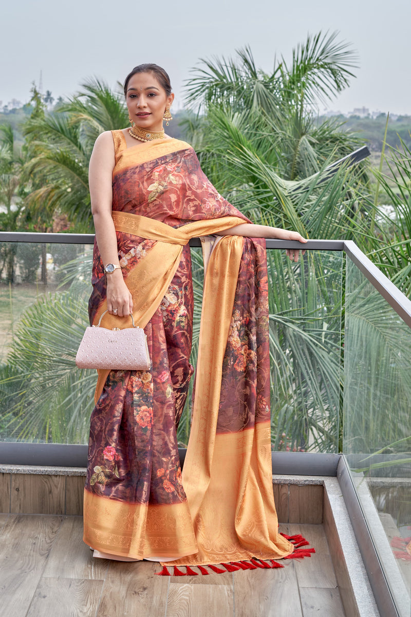 Orange and Black Floral Printed Saree with Belt - Ethnic Wear for Women