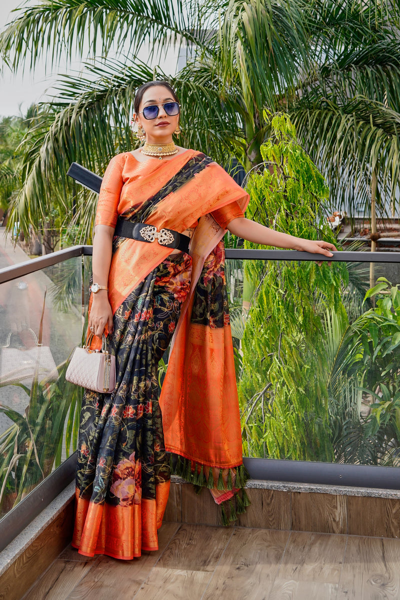 Orange and Black Floral Printed Saree with Belt - Ethnic Wear for Women