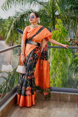 Orange and Black Floral Printed Saree with Belt - Ethnic Wear for Women