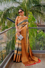 Orange and Black Floral Printed Saree with Belt - Ethnic Wear for Women