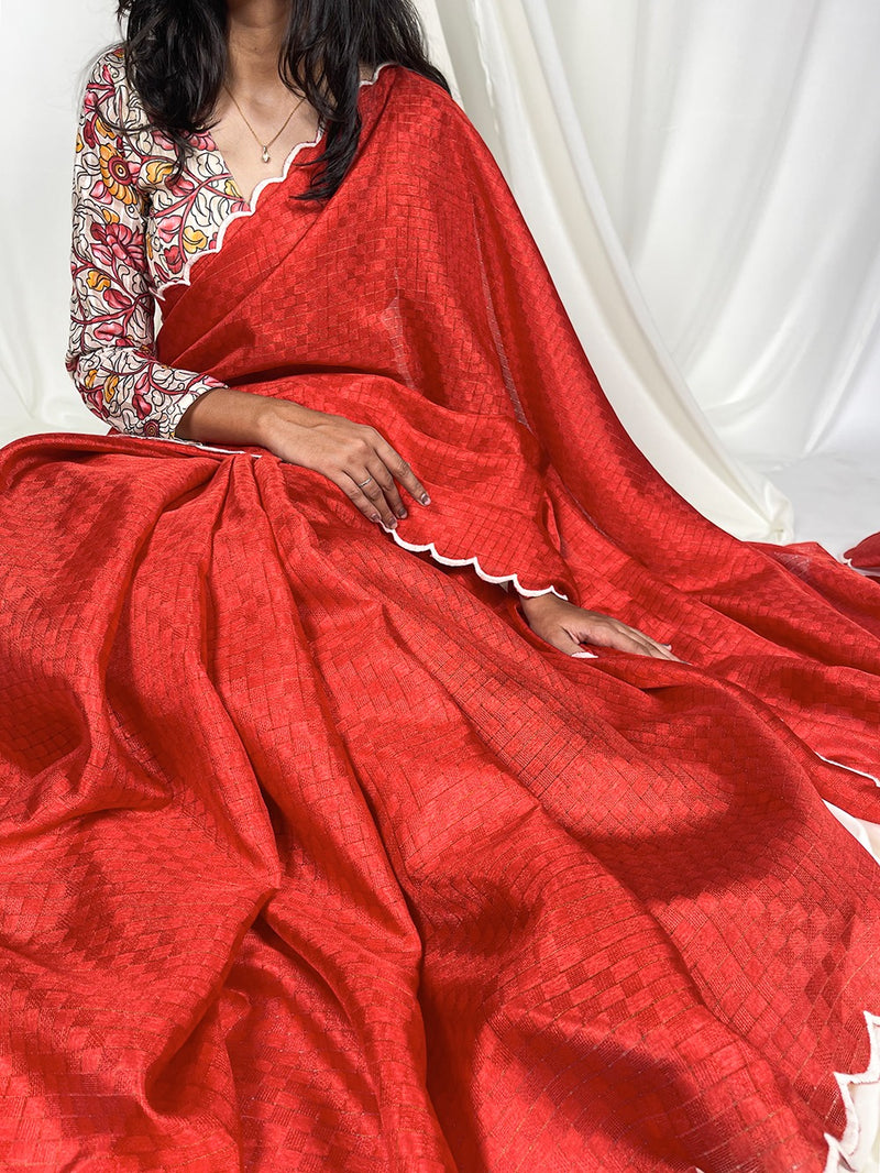 Elegant Red Handloom Silk Saree with Subtle Patterned Weave - Ideal for Celebrations and Ceremonial Wear