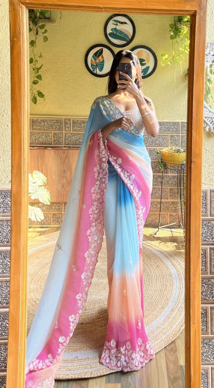 Women's Green and Pink Sequence georgette  Saree with Embroidered Border