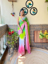 Women's Green and Pink Sequence georgette  Saree with Embroidered Border