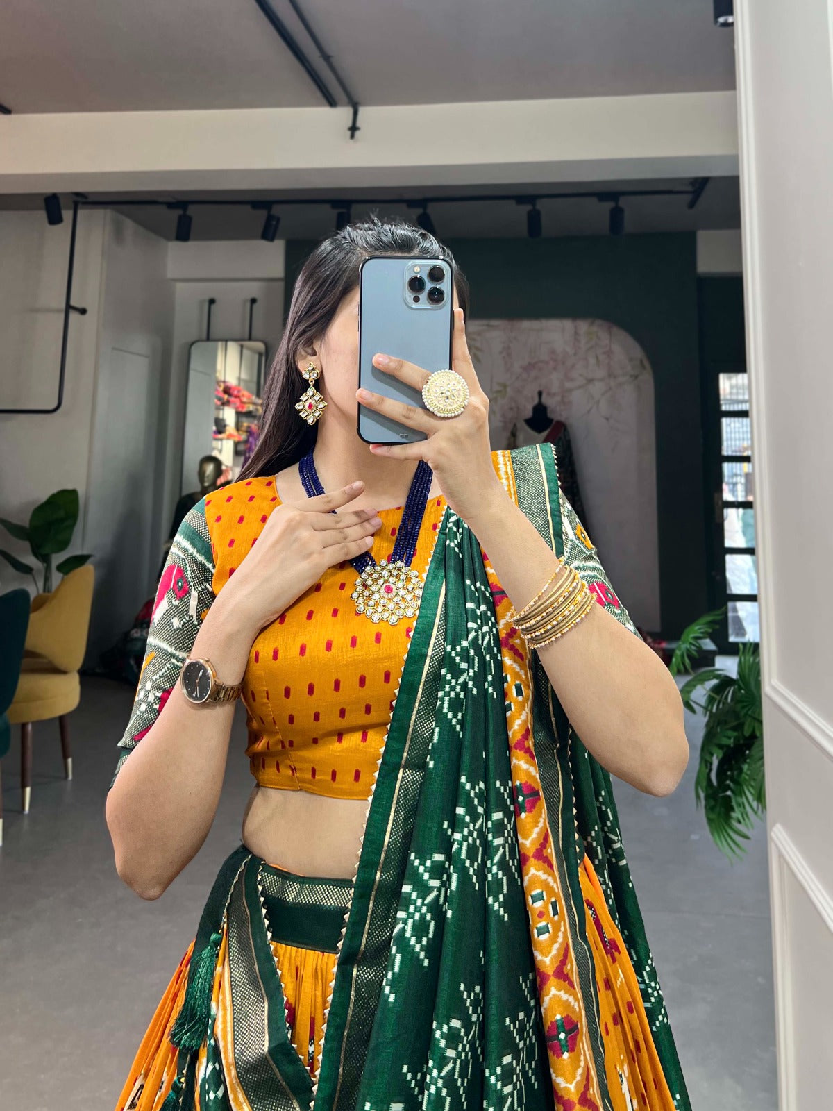 Tussar silk --ikkat Patola prints lehenga choli