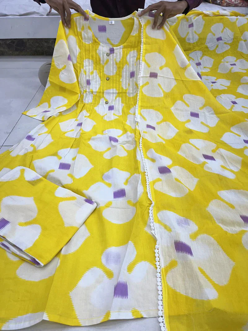 Yellow Colour Pure Cotton Beautiful Print Kurta Set