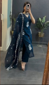 Navy Blue Color Beautiful Organza Embroidary Kurta Set