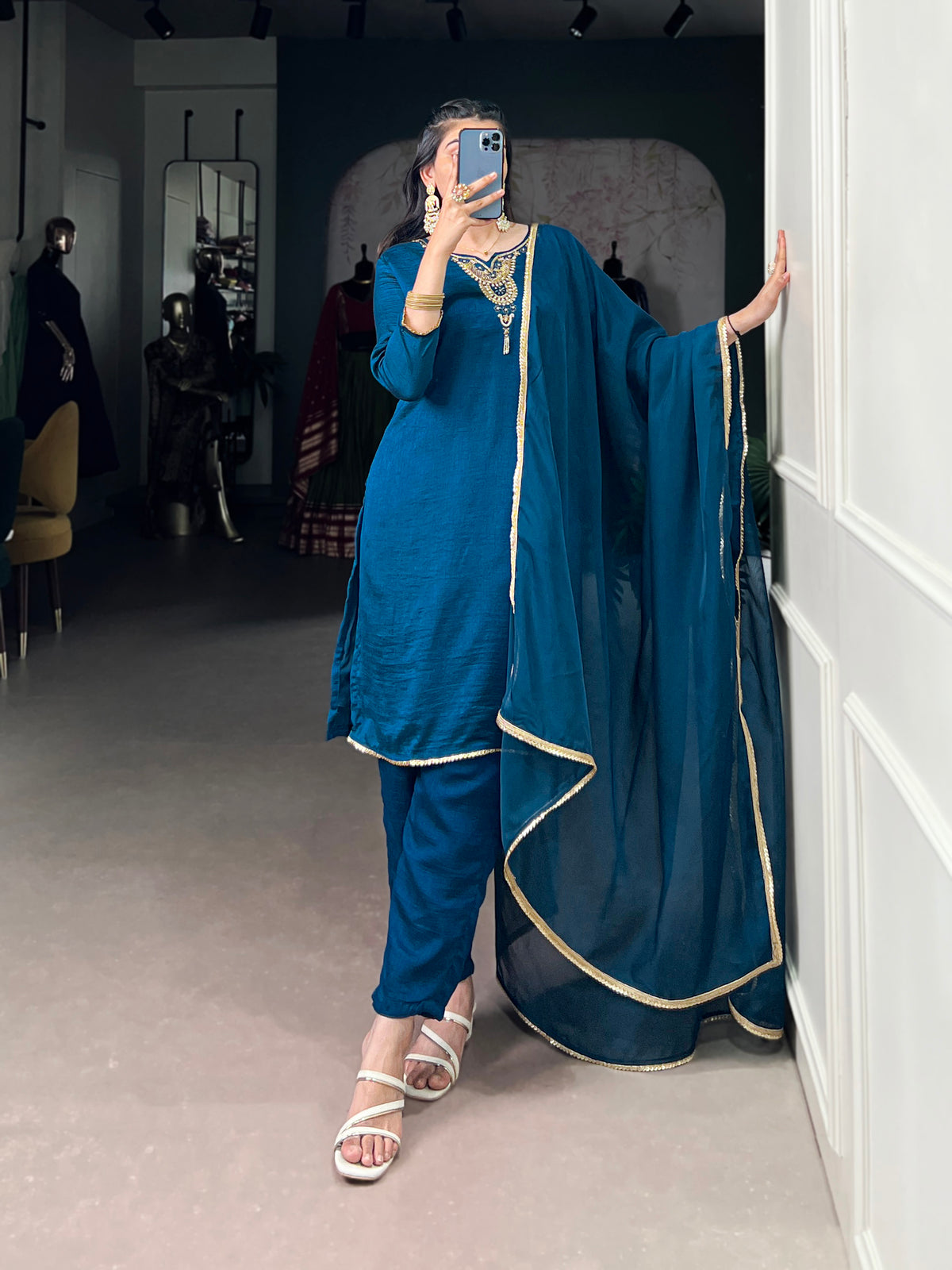 Teal Vichitra Silk Salwar Suit