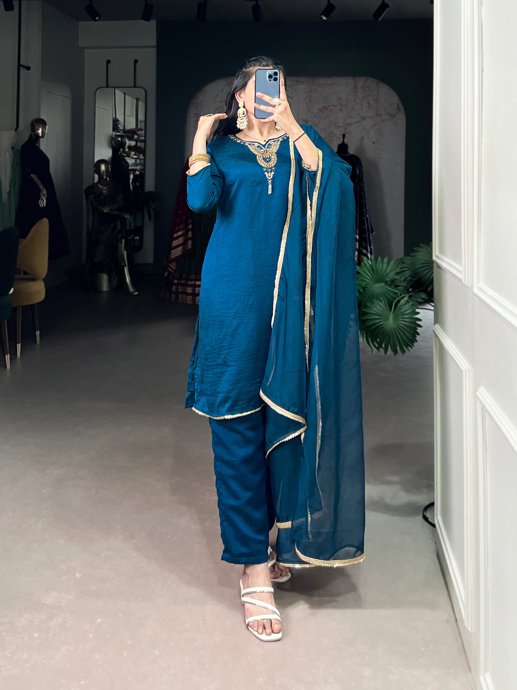 Teal Vichitra Silk Salwar Suit