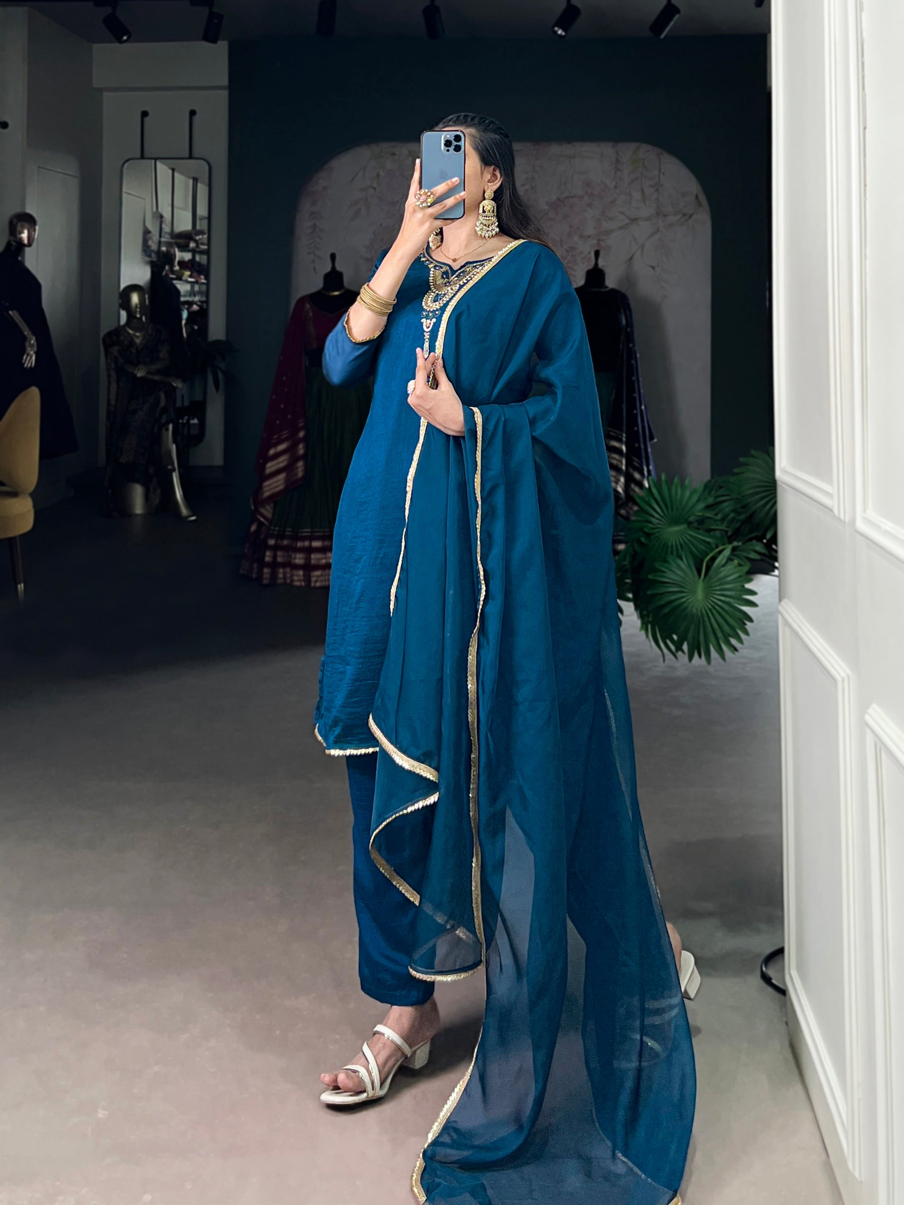 Teal Vichitra Silk Salwar Suit
