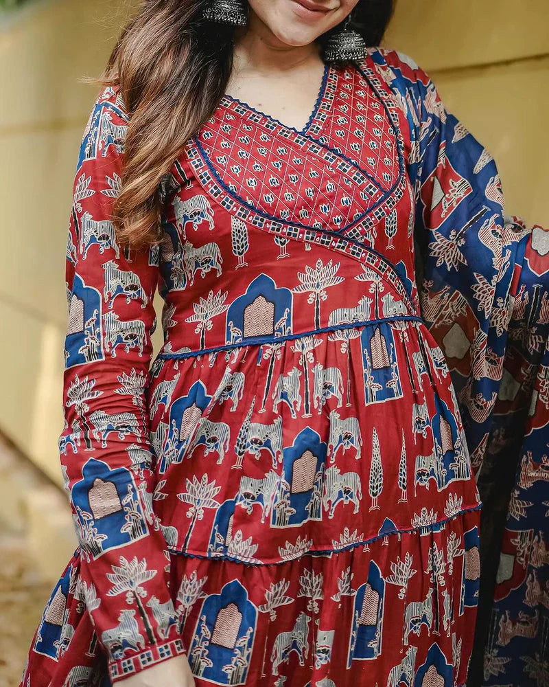 Anarkali Pure Cotton Beautiful Block Printed Suit Set