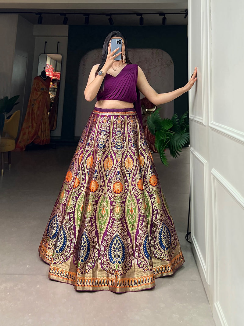 Blue & Wine Banarasi Lehenga Choli