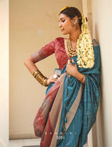 Traditional Linen Saree with Heavy Gold Zari Work and Floral Accents - Perfect for Weddings and Festive Occasions