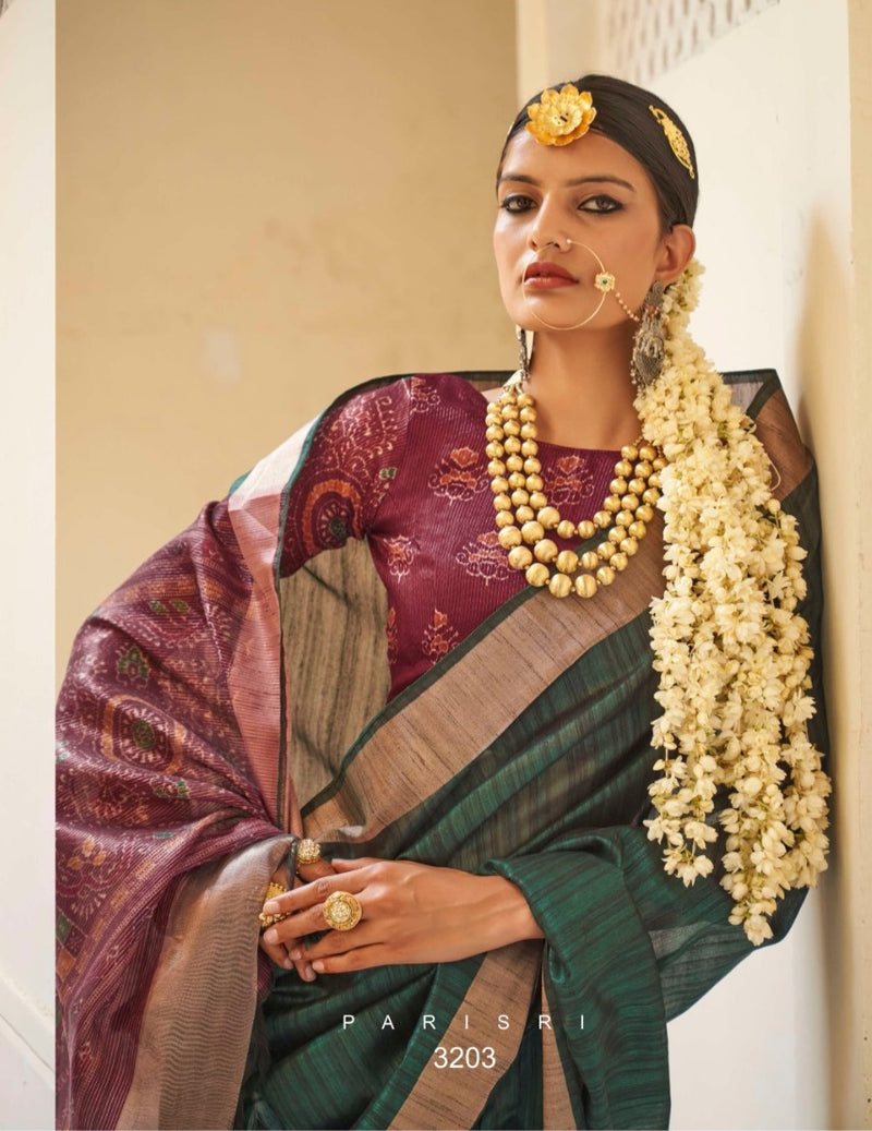 Traditional Linen Saree with Heavy Gold Zari Work and Floral Accents - Perfect for Weddings and Festive Occasions