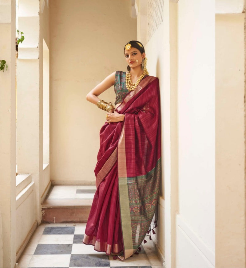 Traditional Linen Saree with Heavy Gold Zari Work and Floral Accents - Perfect for Weddings and Festive Occasions