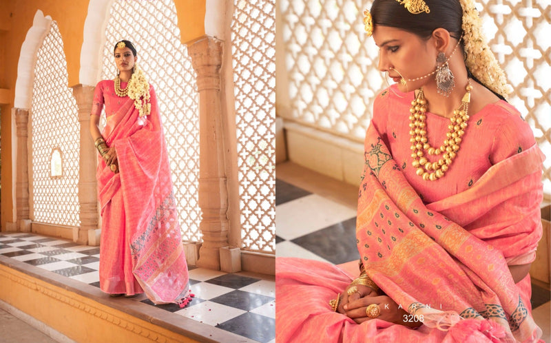 Traditional Linen Saree with Heavy Gold Zari Work and Floral Accents - Perfect for Weddings and Festive Occasions