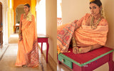 Traditional Linen Saree with Heavy Gold Zari Work and Floral Accents - Perfect for Weddings and Festive Occasions