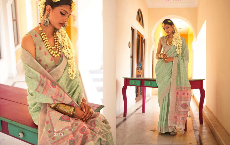 Traditional Linen Saree with Heavy Gold Zari Work and Floral Accents - Perfect for Weddings and Festive Occasions