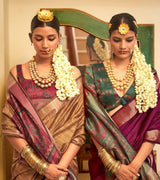 Traditional Linen Saree with Heavy Gold Zari Work and Floral Accents - Perfect for Weddings and Festive Occasions