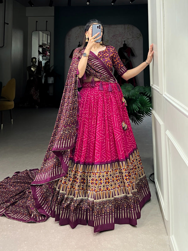 PINK COLOUR Tussar Silk with Bandhej and Ajarakh Print Lehenga