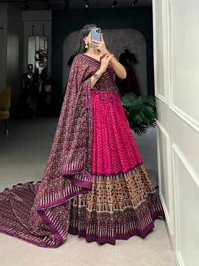 PINK COLOUR Tussar Silk with Bandhej and Ajarakh Print Lehenga