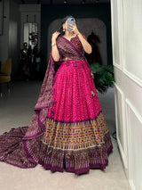 PINK COLOUR Tussar Silk with Bandhej and Ajarakh Print Lehenga